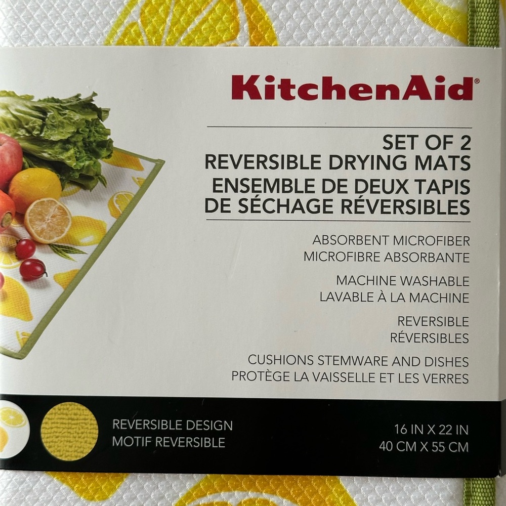 KitchenAid 2 Pc Set Drying Mats Yellow Lemons NEW WITH TAGS. Reversible - Picture 3 of 6